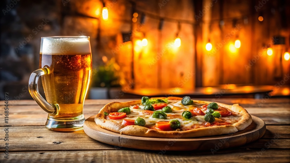 Delicious Pizza & Beer in a Cozy Bar - Stock Photo Delicious Pizza & Beer in a Cozy Bar - Stock Photo