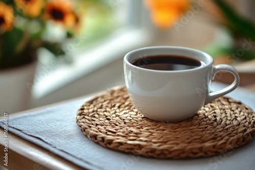 Warm coffee cup sits on woven placemat beside flowers in cozy light-filled room