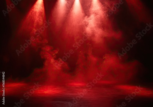 Red background, spotlight on the ground, red smoke floating in the air, creating an atmosphere of mystery and romance.