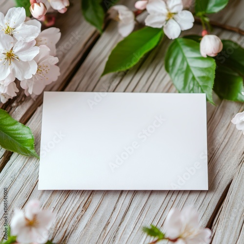Blank card surrounded by delicate pink flowers and green leaves on rustic woo...