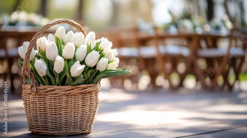 Beautiful white tulips in a woven basket placed on wooden flooring at an outd...