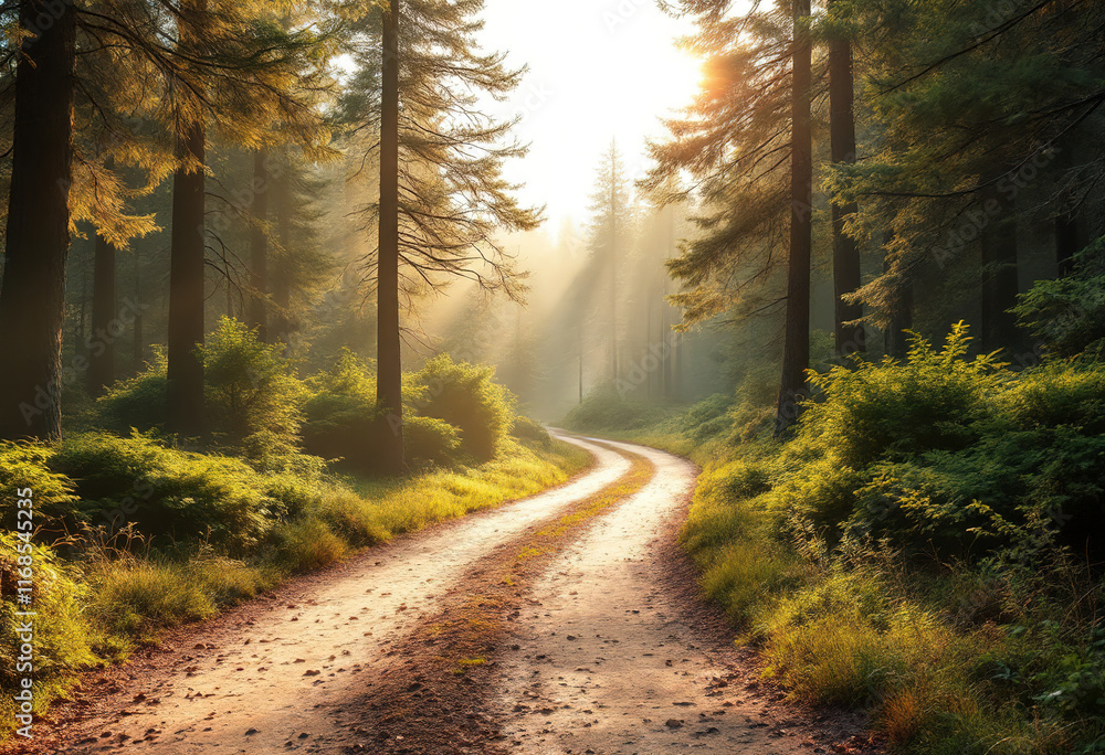 Naklejka premium A dirt path winding through a lush, green forest with tall trees and dense foliage on both sides