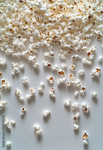 Creative layout featuring popcorn scattered around a film clapperboard on a w...