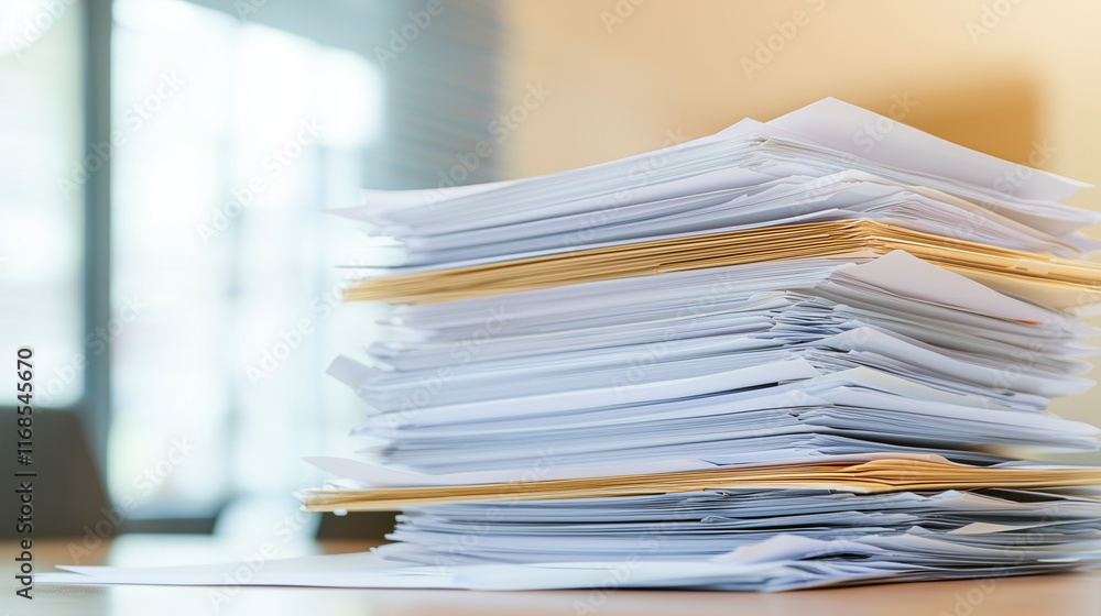 The Towering Task: A close-up shot of a towering stack of papers and folders on a desk, symbolizing the overwhelming workload and pressures of modern-day office life. The Towering Task: A close-up shot of a towering stack of papers and folders on a desk, symbolizing the overwhelming workload and pressures of modern-day office life.