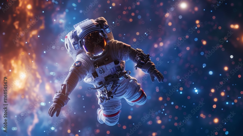 Fototapeta premium An astronaut floating weightlessly in space, tethered to a spacecraft, with a brilliant galaxy and countless stars in the background, the Milky Way arching across the star-filled sky in the background
