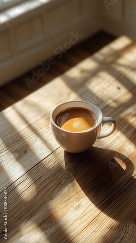 Warm coffee cup resting on wooden table by the window in cozy cafe setting