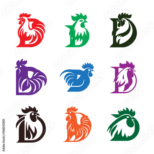 Letter D Rooster Head Logo Icon Set