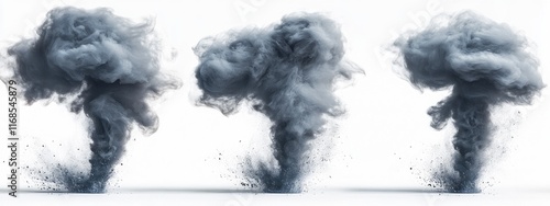 Three distinct smoke tornadoes against a white background, h