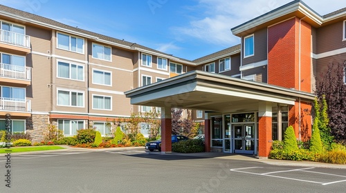 Elegant Senior Care Facility with Spacious Parking and Lush Garden, Welcoming Entrance for Retirement Living, Stock Photography Style