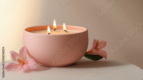 Elegant candle and delicate blossoms create a serene ambiance in a softly lit...