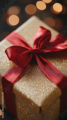 Golden gift box with red bow on a dark surface for special occasions
