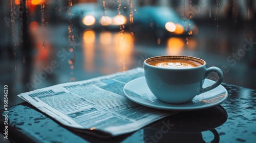 Warm cup of coffee resting on a rainy window ledge beside a newspaper in a co...