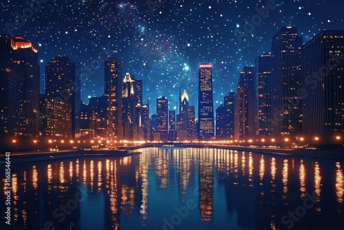 From a high-angle view on a clear- starry night- vibrant cityscape of downtown Chicago comes alive with twinkling lights of skyscrapers- shimmering reflection of river- and majestic silhouette of bri photo