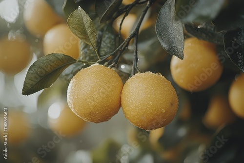 Orange fruits hanging from branches in a misty forest setting during autumn