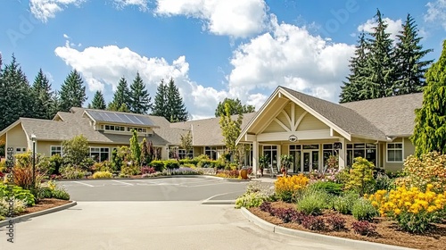 Elegant Senior Care Facility with Spacious Parking and Lush Garden, Welcoming Entrance for Retirement Living, Stock Photography Style