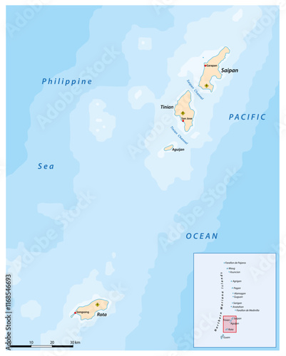 map of the islands Saipan, Tinian, Rota, Northern Mariana Islands