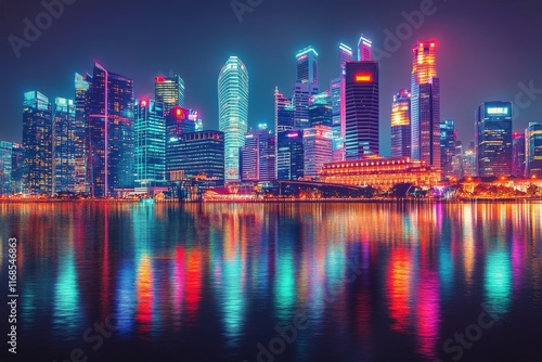 Neon skyline view of a bustling city at night with reflections on water