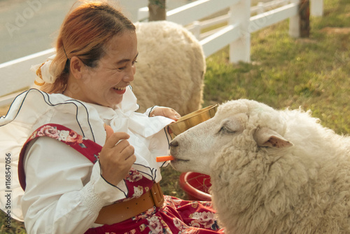 Cute little girl in traditional ukrainian folk costume with sheep photo