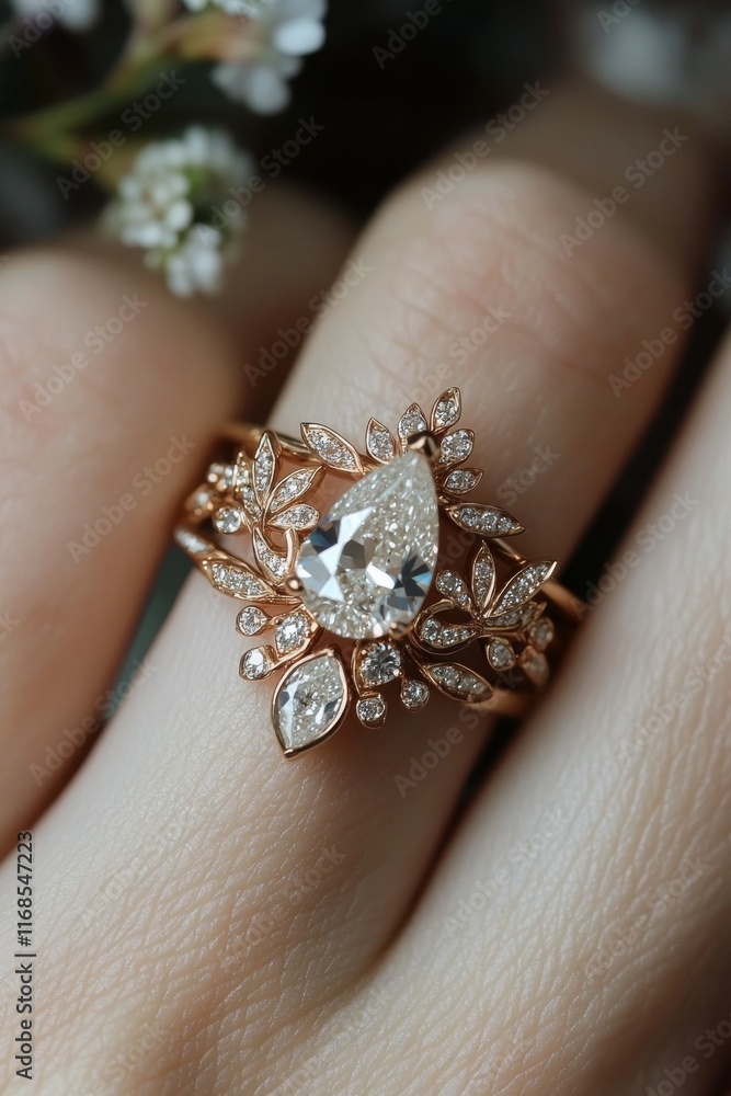 Obraz premium Elegant floral engagement ring set with diamonds on a hand