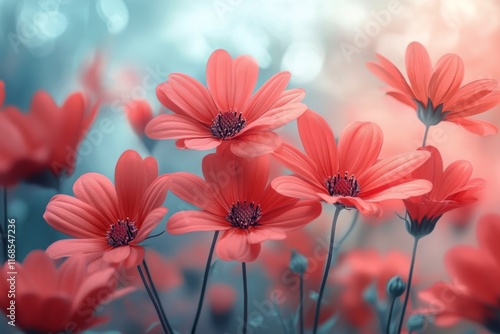 Vibrant red flowers bloom in a serene garden setting under soft natural light