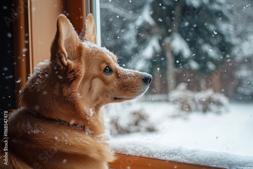 Dog gazing out at falling snowflakes on a winter day