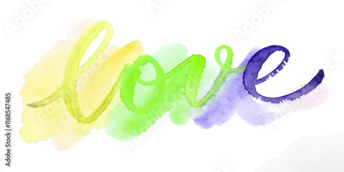 Colorful watercolor artwork, vibrant love lettering, artistic design, romantic theme, creative expression, bright hues.
