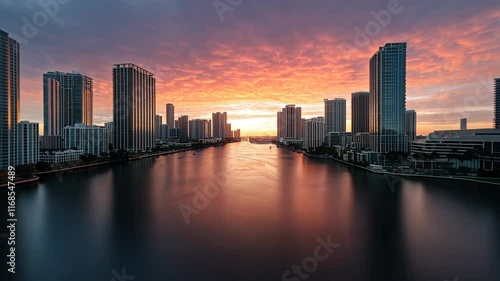 Wallpaper Mural Sunset over urban skyline with clouds reflecting on river in Miami, Florida Torontodigital.ca