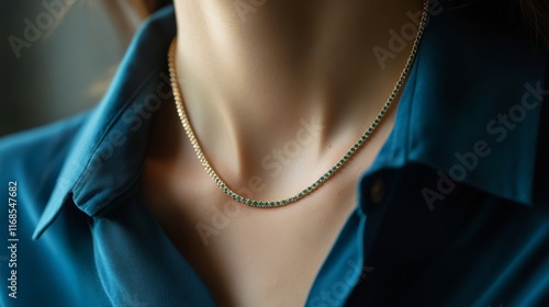 Elegant gold necklace with green gemstones showcased on a person wearing a li...