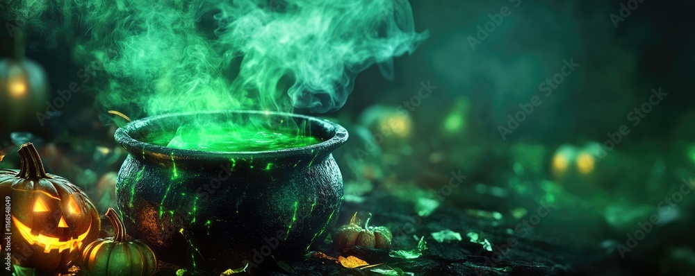 A cauldron with green smoke, pumpkins, and glowing eyes in the background A cauldron with green smoke, pumpkins, and glowing eyes in the background