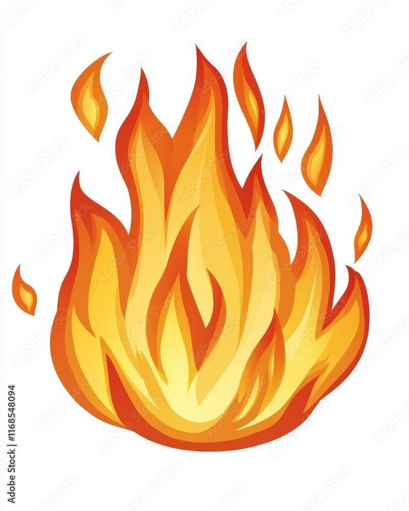 Fiery orange and yellow flames isolated on white.