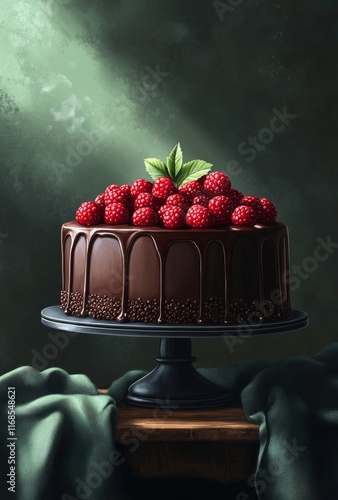 Decadent chocolate cake adorned with fresh raspberries on a dark green backgr...