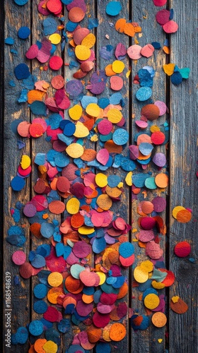 Vibrant confetti scattered on a rustic wooden surface during a celebration or...