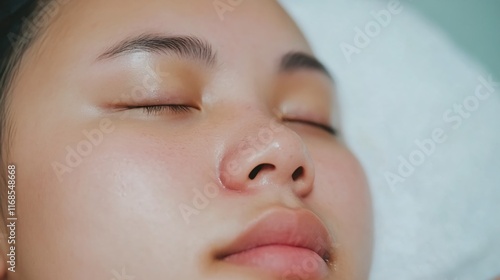 A Close-Up of a Peaceful Woman with Natural Skin in a Relaxing Spa Environment photo