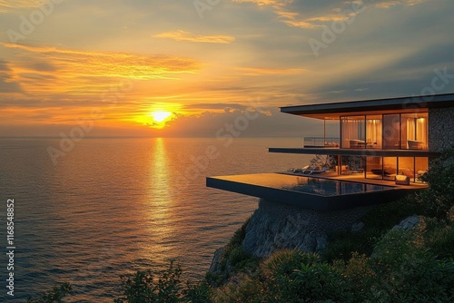 Envision a modern villa nestled along coast- offering a tranquil and scenic retreat with a wide-angle view of sparkling ocean- framed by golden hues of a breathtaking sunset- creating a serene and lu photo