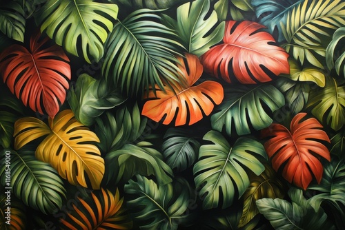 Lush display of tropical plants and ferns arranged against a neutral backgrou...