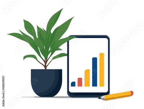 Modern workspace with tablet and plant icon illustration.