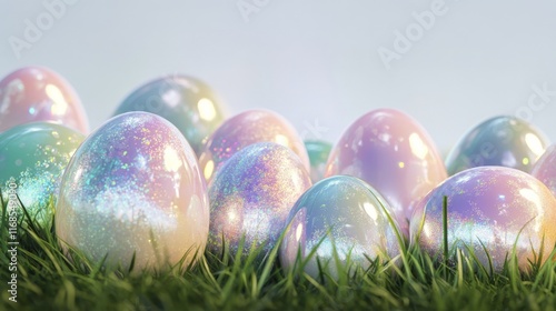 Colorful pastel eggs resting on grass in a serene spring setting