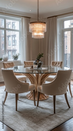 Modern dining area featuring elegant furniture and stylish lighting in an urb...