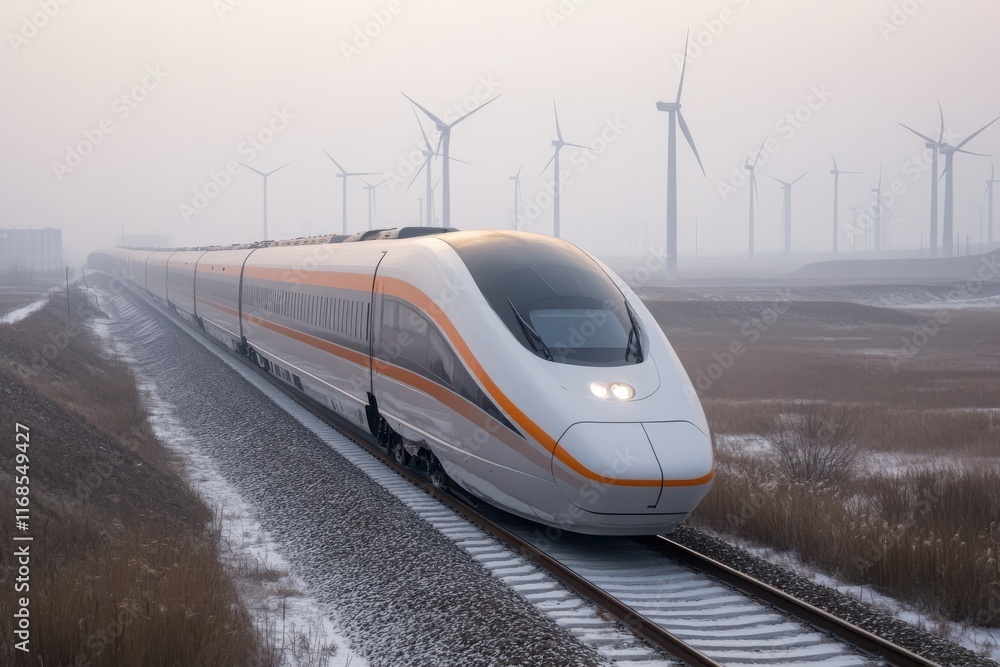 Fototapeta premium Speeding Train with Wind Turbines in Soft Lighting