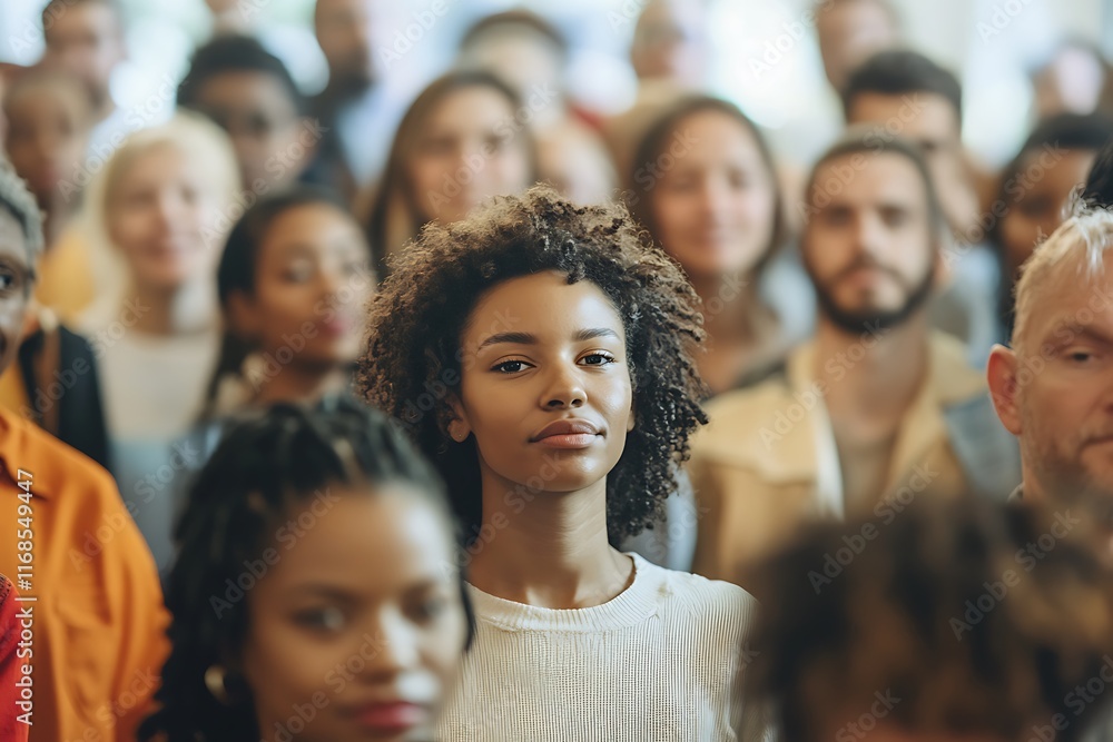 Young woman standing out from the crowd of people Young woman standing out from the crowd of people