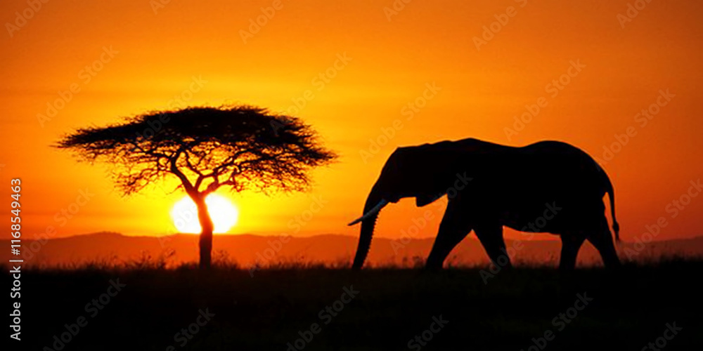 Obraz premium Elephant silhouette at sunset in African savanna.