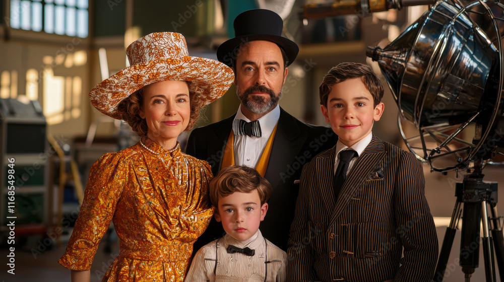 Fototapeta premium vintage family portrait in retro art studio, showcasing joy and elegance