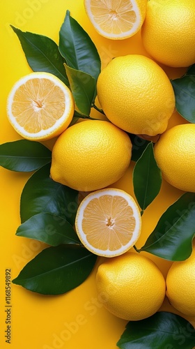 Fresh lemons arranged on a bright yellow surface with green leaves and a slic...