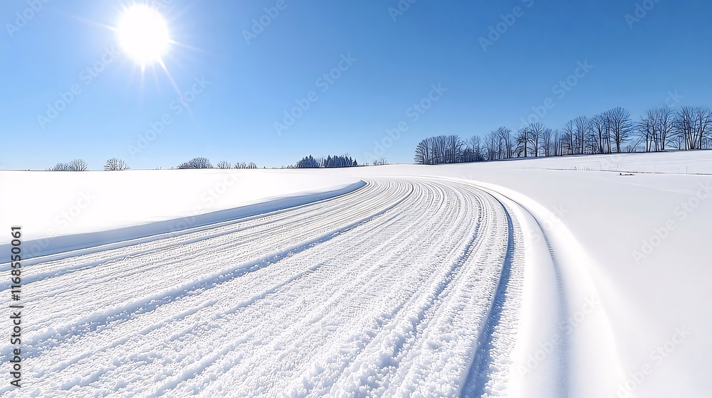 Sunny winter day, snow covered field with tire tracks curving towards horizon. Sunny winter day, snow covered field with tire tracks curving towards horizon.