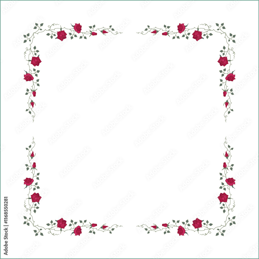 Green vegetal frame with red rose flowers, rose thorns, climbing, decorative corners for greeting cards, banners, business cards, invitations, menus. Isolated vector illustration. Green vegetal frame with red rose flowers, rose thorns, climbing, decorative corners for greeting cards, banners, business cards, invitations, menus. Isolated vector illustration.