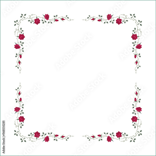 Green vegetal frame with red rose flowers, rose thorns, climbing, decorative corners for greeting cards, banners, business cards, invitations, menus. Isolated vector illustration.	