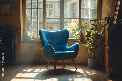 Cozy chair by the window with sunlight streaming through green foliage in a s...