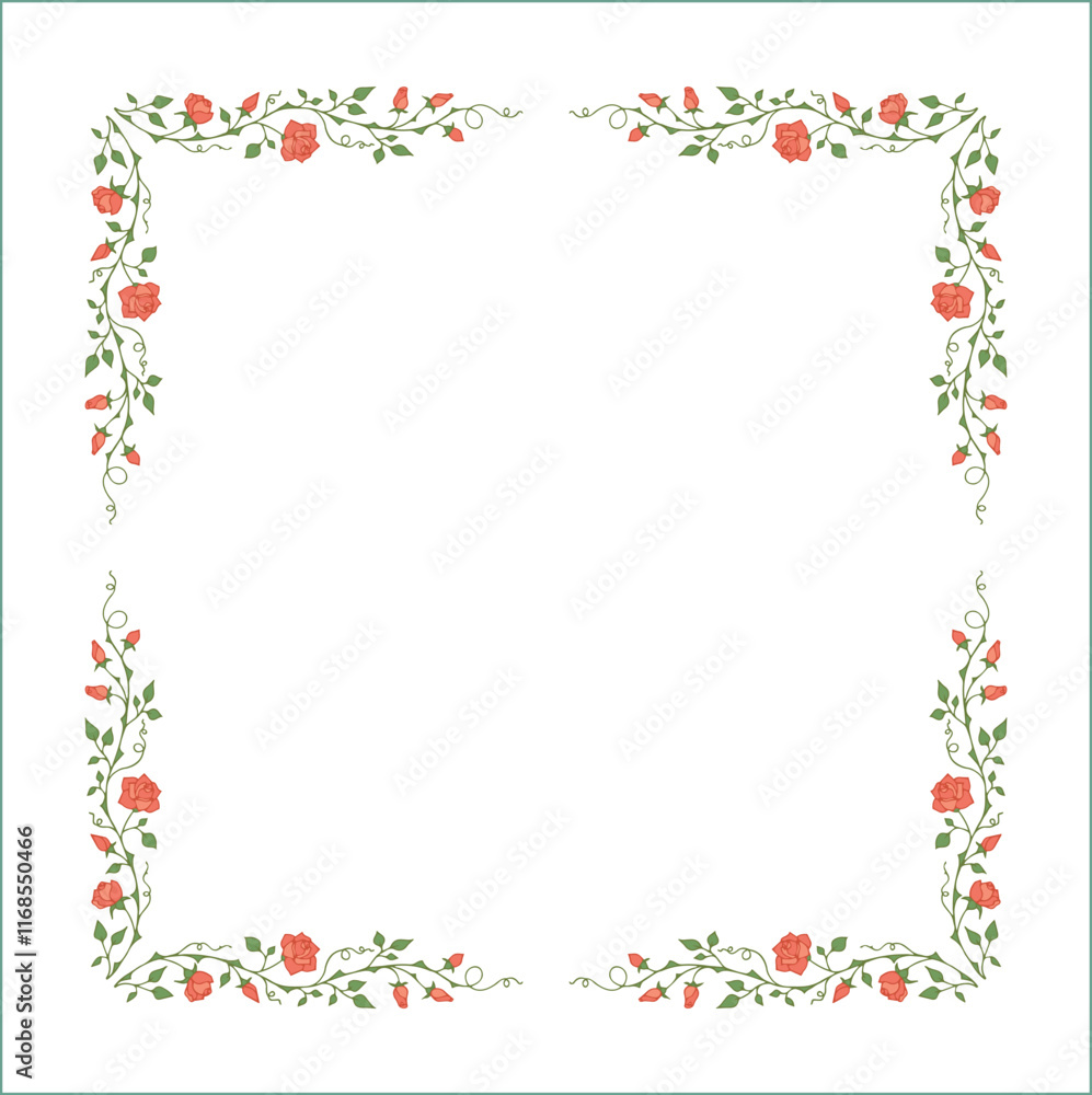 Green vegetal frame with orange rose flowers, rose thorns, climbing, decorative corners for greeting cards, banners, business cards, invitations, menus. Isolated vector illustration. Green vegetal frame with orange rose flowers, rose thorns, climbing, decorative corners for greeting cards, banners, business cards, invitations, menus. Isolated vector illustration.