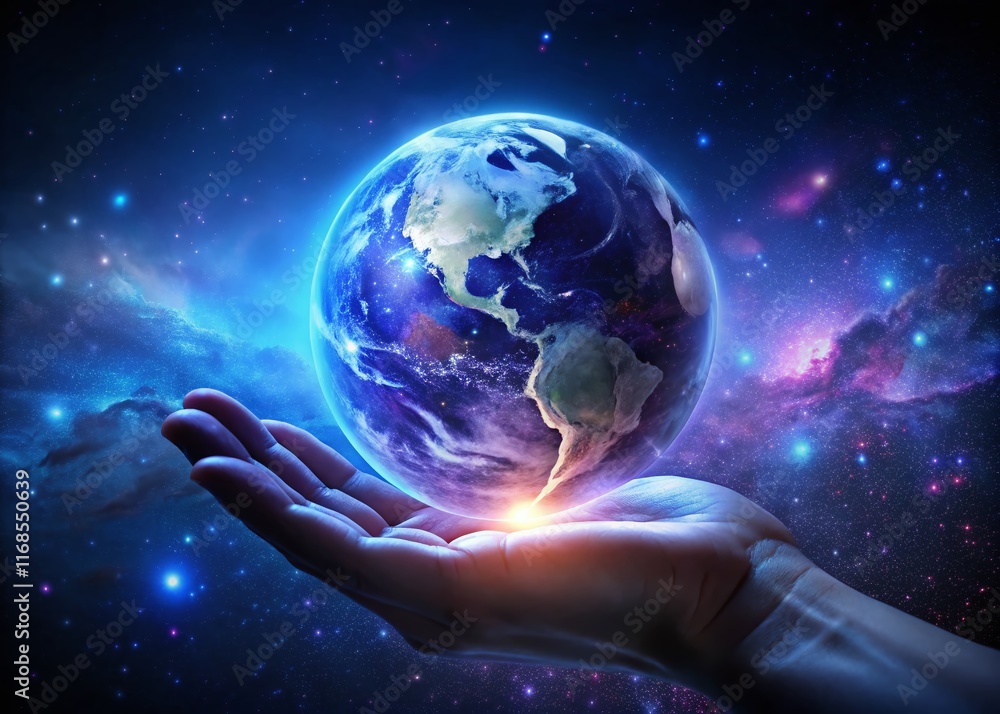 Digital Earth in Hand, Night Photography - Global Connection Concept Digital Earth in Hand, Night Photography - Global Connection Concept