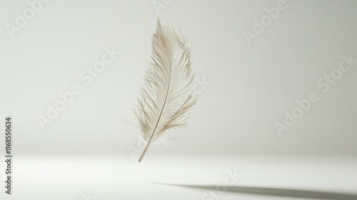 Delicate feather hovering softly against a minimalist background